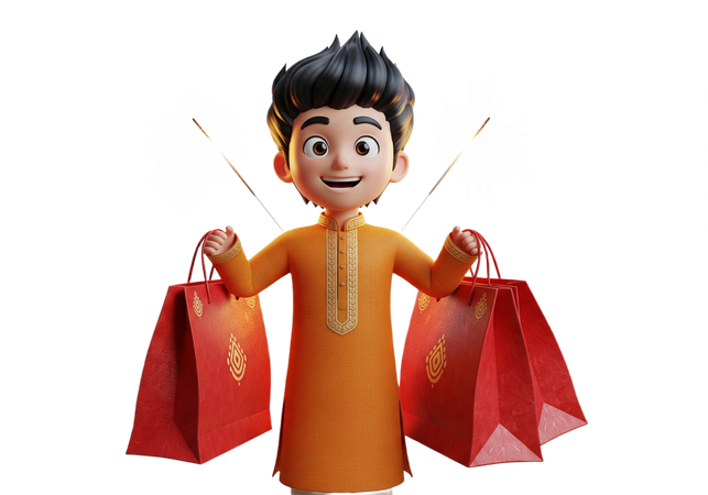 AI Comemore a alegria de Diwali com este personagem adorável segurando estrelinhas e sacolas de compras Imagem