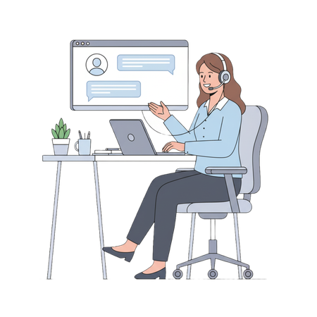 AI Customer service representative woman with headset working at office desk providing online chat support and client consultation on computer  Illustration