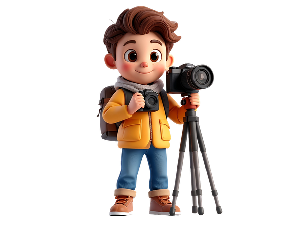 AI Cute  boy photographer with camera and tripod.  character adventurer with photography equipment isolated on a black background.  3D Illustration