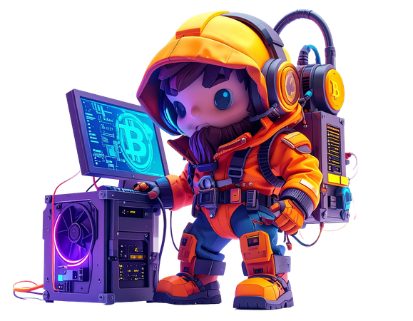 AI Cute character in futuristic suit mining Bitcoin on a computer with blockchain data 3D Illustration