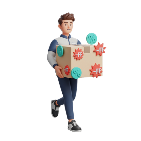 AI Delivery Boy with Shopping Box and Discount  3D Illustration