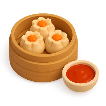 AI Dim Sum Dumplings in Bamboo Steamer with Sauce  3D Icon