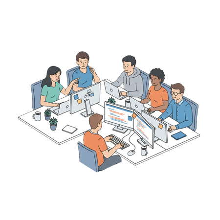 AI Diverse team of software developers collaborating on project in modern office workspace Illustration