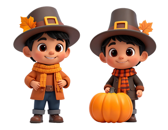 AI Dois lindos meninos peregrinos de Ação de Graças em roupas de outono com abóbora  Imagem