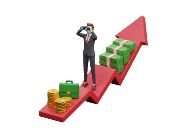 AI Empreendedor confiante vislumbra o futuro com binóculos enquanto se posiciona no topo da seta de crescimento, com uma maleta e maços de dinheiro. Imagem