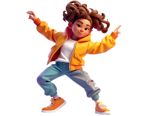 AI Energetic  character dancing in modern street style. Joyful young person in a dynamic pose with a confident expression isolated on a transparent background.  3D Illustration