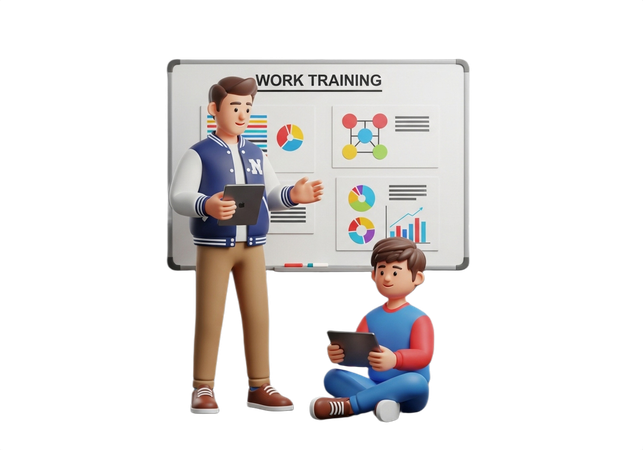 AI Engaging presentation of work training charts with confident presenter and attentive student using tablets  3D Illustration