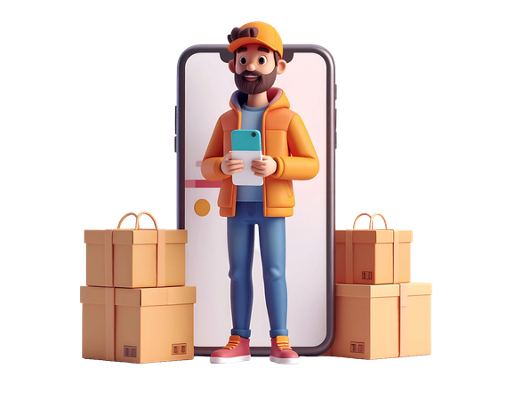 AI Entregador com smartphone e encomendas para aplicativo de compras online  Imagem