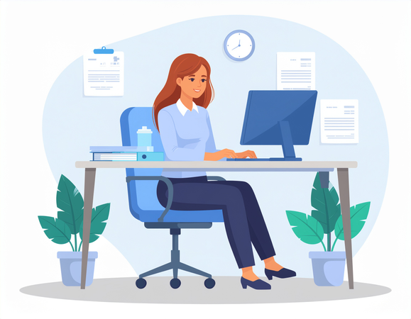 AI Female employee working at desk with documents  Illustration