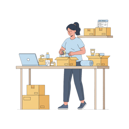 AI Female entrepreneur packing online store orders into cardboard boxes for shipping and fulfillment  Illustration