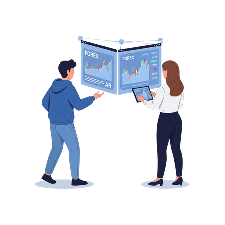 AI Forex trading analysis with people using augmented reality screen for financial investment and data visualization of stock market charts  Illustration