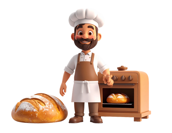 AI Friendly  baker character in uniform with fresh bread and oven  3D Illustration