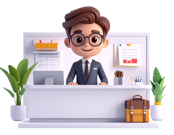 AI Friendly businessman at modern office desk with laptop and plants  3D Illustration