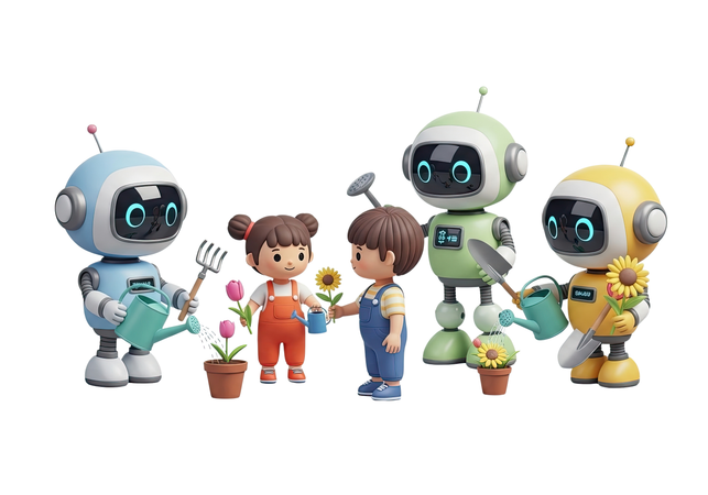 AI Friendly robots help children learn how to care for plants in a sunny garden 3D Illustration