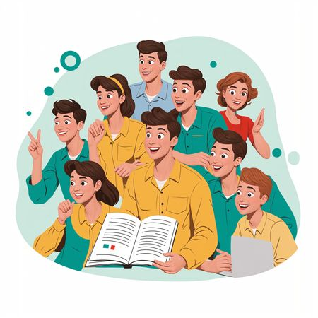 AI Fröhliche Gruppe liest zusammen  Bild