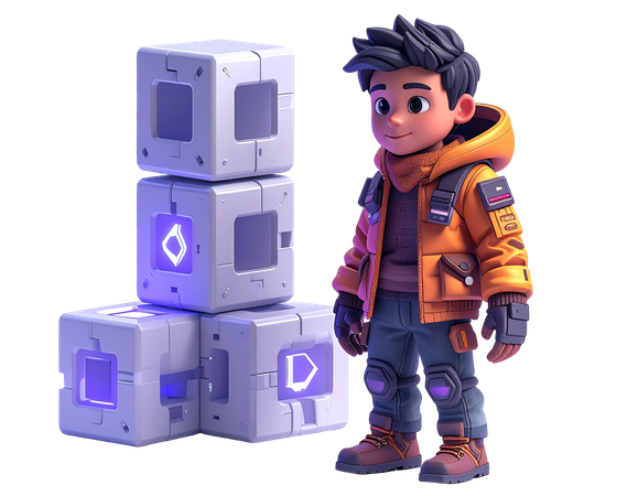 AI Futuristic cartoon boy character with glowing technology cubes 3D Illustration