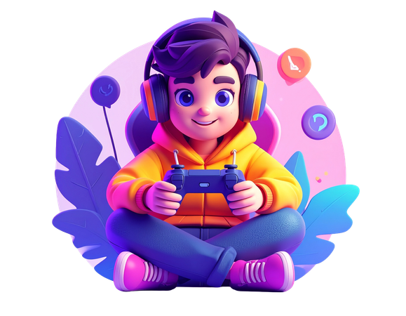 AI Gamer boy character playing video game with controller and headphones. Cute kid illustration isolated on transparent background. 3D Illustration