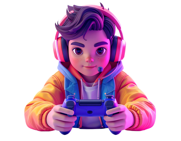 AI Gamer boy with headset and controller playing video games 3D Illustration
