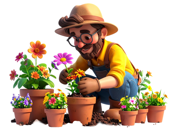 AI Gardener character planting flowers in pots.   man with beard and hat enjoying gardening hobby.  3D Illustration