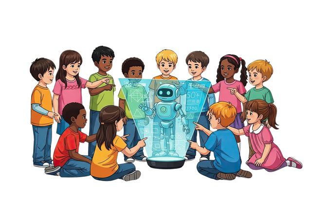 AI Global classroom where students from different countries learn together with AI guidance in digital space Illustration