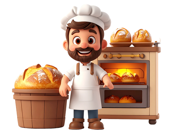 AI Happy  baker character with fresh bread and oven  render  3D Illustration