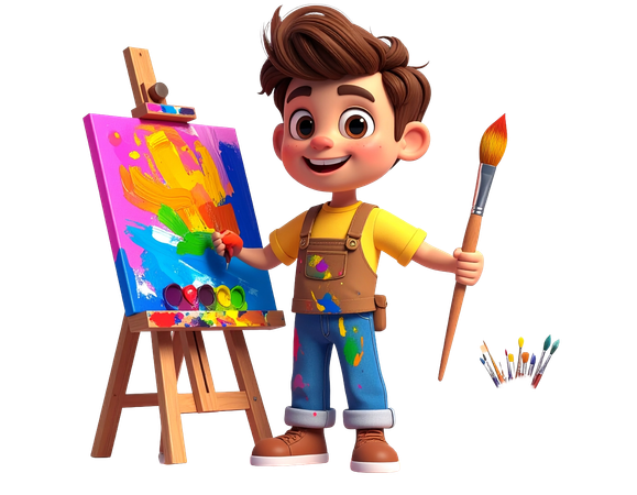 AI Happy  boy artist painting colorful abstract art on an easel  3D Illustration