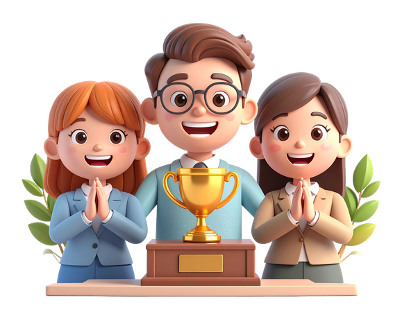 AI Happy business team celebrating with trophy for success teamwork and achievement  3D Illustration