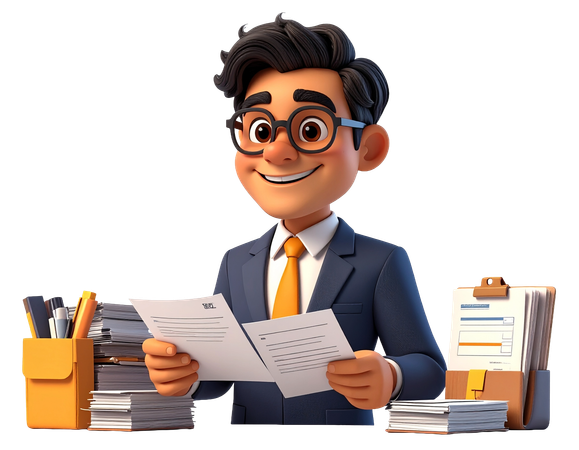 AI Happy businessman reading documents at office desk  3D Illustration