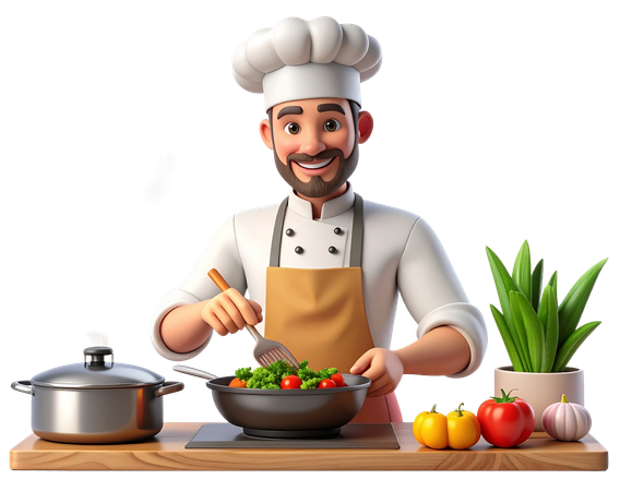 AI Happy  Chef Character Cooking Vegetables in a Pan  Mascot Isolated on Transparent Background  3D Illustration