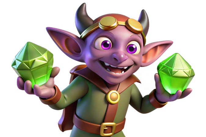 AI Happy goblin holding green gems 3D Illustration