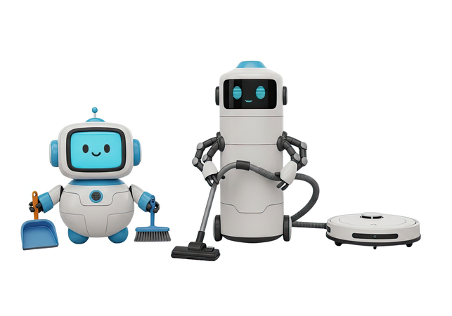 AI Helper robots cleaning a cozy family home while children learn responsibility and teamwork 3D Illustration