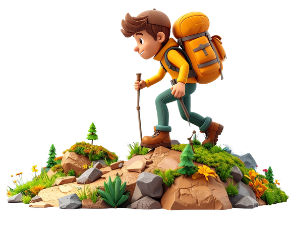 AI Hiker character walking on a rocky mountain trail  3D Illustration