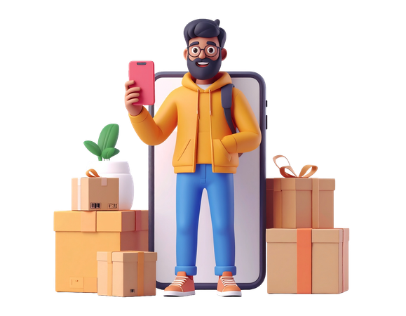 AI Homem com smartphone e caixas de entrega para compras online  Imagem