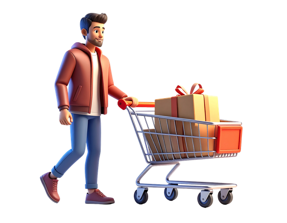 AI Homem empurrando carrinho de compras com caixa de presente  Imagem