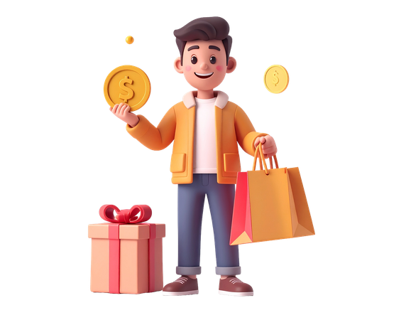 AI Homem fazendo compras com moeda de ouro e caixa de presente para recompensas de comércio eletrônico e promoção de vendas  Imagem