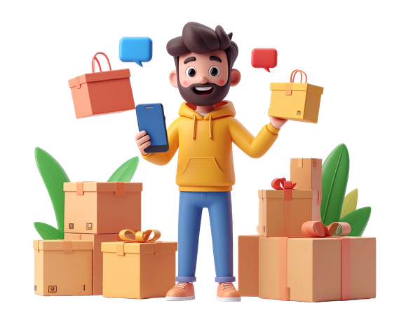 AI Homem fazendo compras online com smartphone cercado por caixas de entrega e pacotes de presentes  Imagem