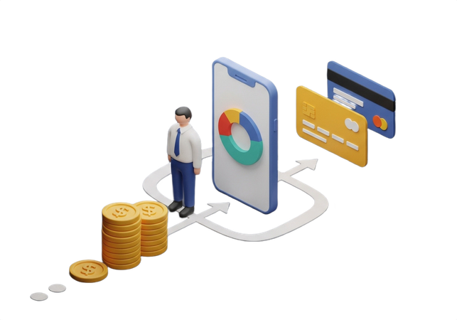 AI Homem impulsiona o crescimento financeiro com insights baseados em dados e transações seguras com cartão de crédito.  Imagem