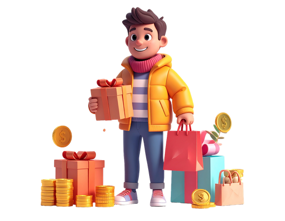 AI Homem segurando caixa de presente e sacolas cercadas por moedas de ouro  Imagem