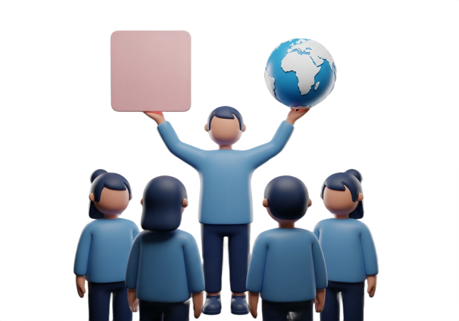 AI Inspiring leader showing the world and a blank message board to a team  3D Illustration