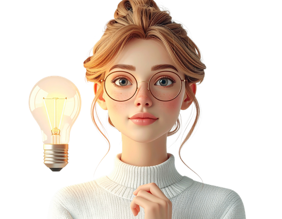 AI Intelligent young woman with glasses and a glowing lightbulb for an idea or innovation  3D Illustration