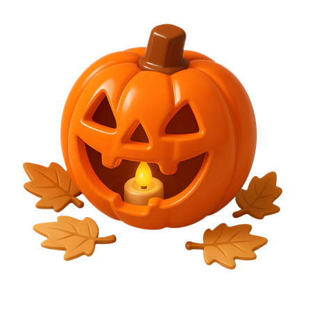 AI Jack-o’-lantern with a glowing candle and scattered dry leaves 3D Icon