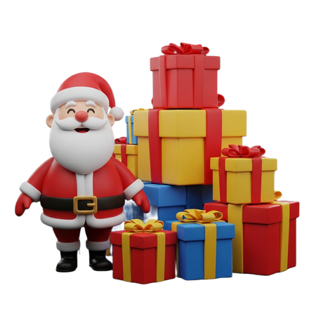 AI Jolly Santa Claus with mountain of gift boxes  3D Illustration