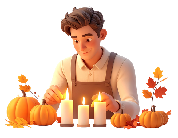 AI Jovem acendendo velas para celebração de outono com abóboras e folhas de outono  Imagem