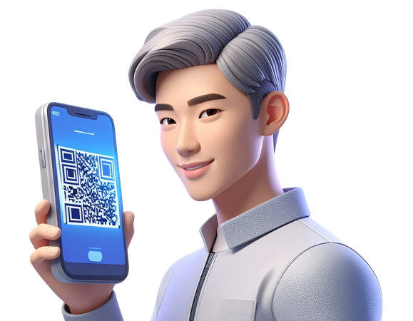 AI Jovem asiático mostrando smartphone com código QR para pagamento sem contato e transações online  Imagem