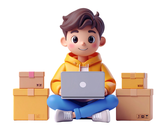 AI Jovem empreendedor com laptop e caixas de remessa para startup de comércio eletrônico  Imagem