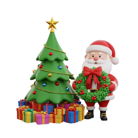 AI Joyful Santa Claus holding festive wreath stands beside Christmas tree  3D Illustration