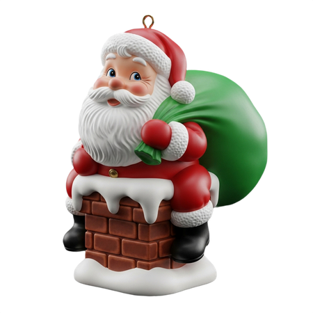 AI Joyful Santa Claus ornament slides down chimney with gift bag  3D Illustration