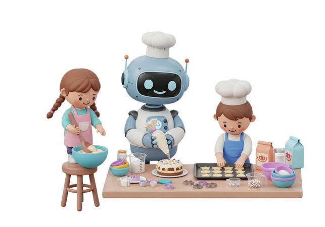 AI Kids learning to cook healthy food with a robot chef teaching via holographic recipe cards  3D Illustration