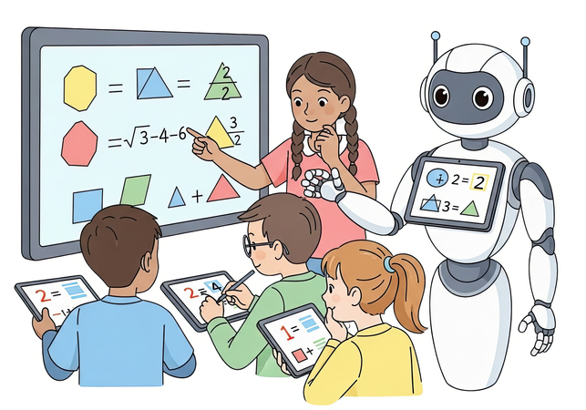 AI Kids practicing math problems on digital tablets with robot helping them solve equations Illustration
