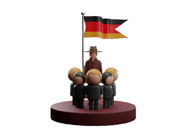 AI Leader with German flag stands before diverse team celebrating national pride and unity in a symbolic representation of collective success and belonging  3D Illustration